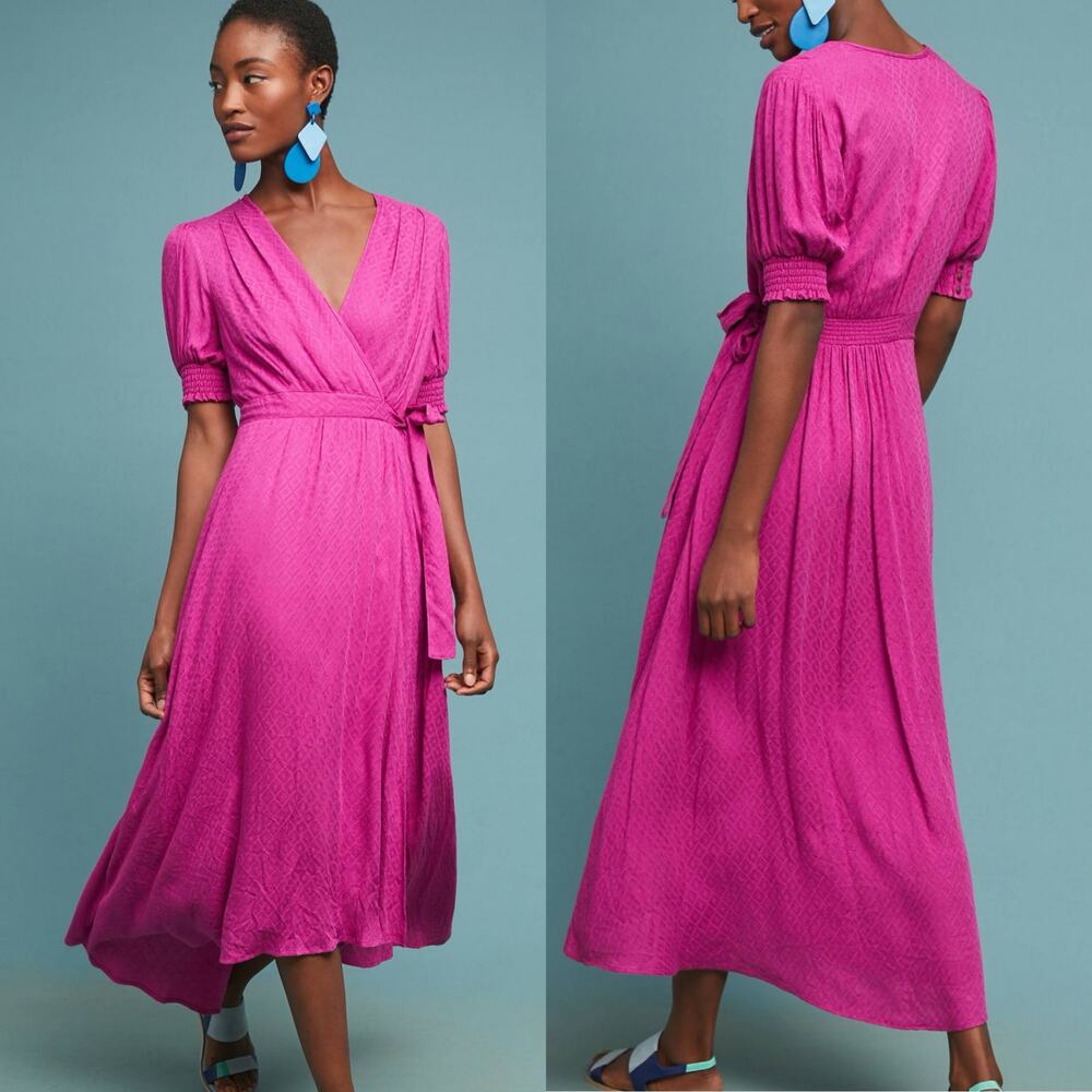 Maeve Anthropologie Breanna Faux Wrap Midi Dress in Raspberry Size 10 EUC